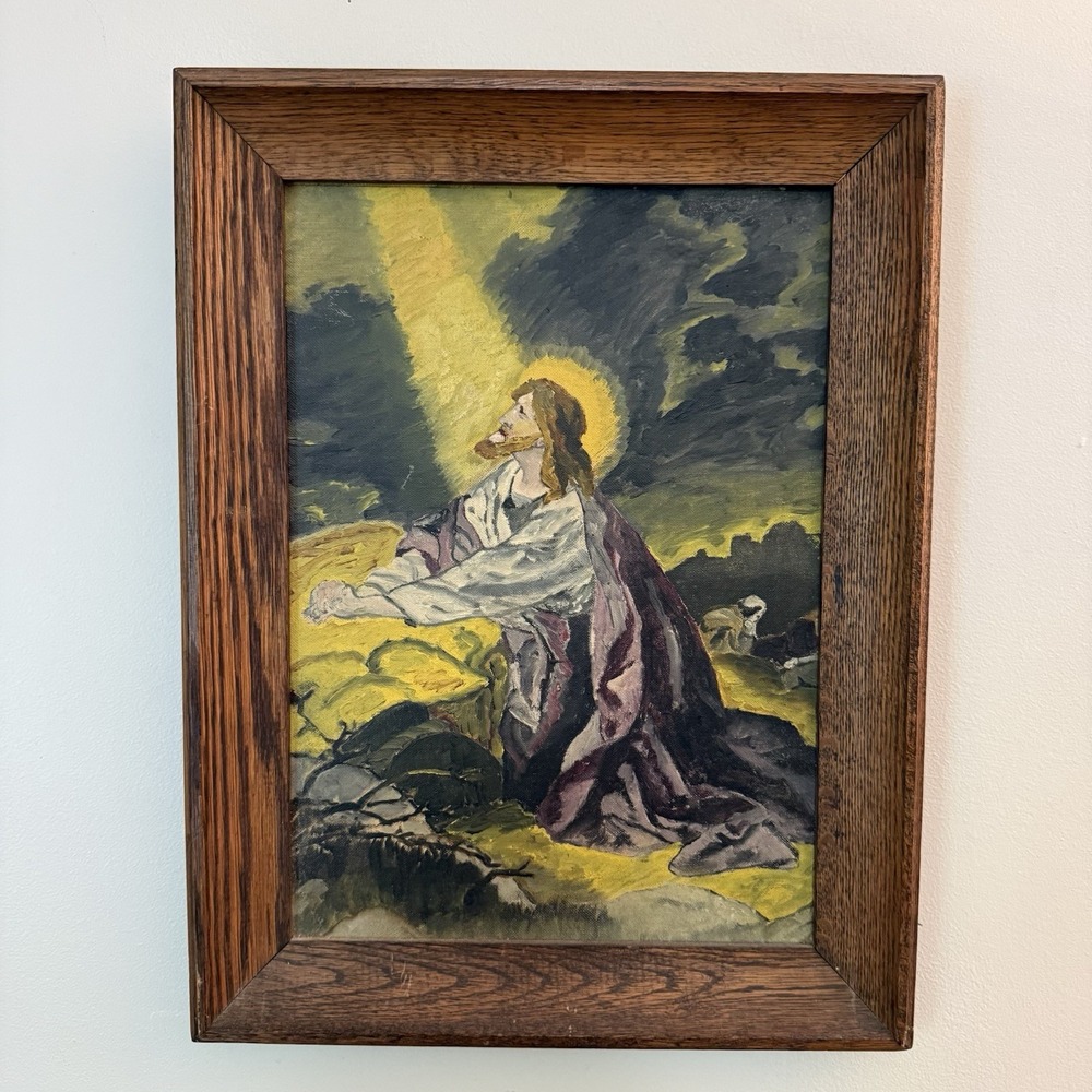 Vintage Jesus Christ Garden of Gethsemane Hand Painted PBN Art Wood Frame 17x13